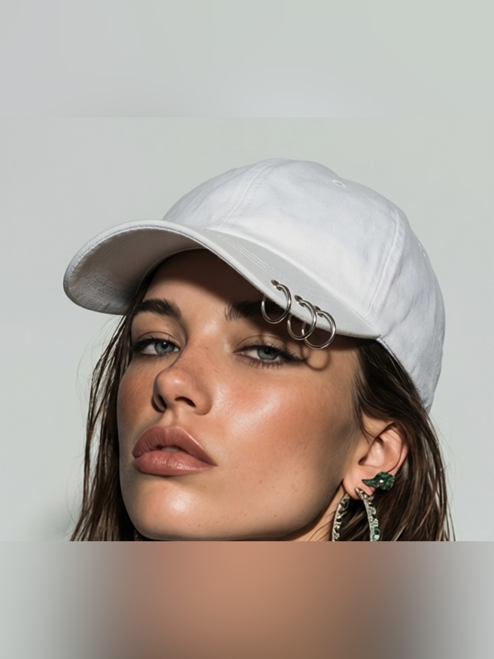 Source Unknown White Cap with Triple Silver Hoop Detail - Women Accessories